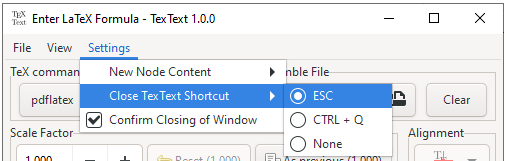 TexText settings menu (close shortcut)