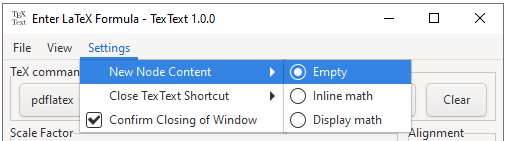 TexText settings menu (new node content)